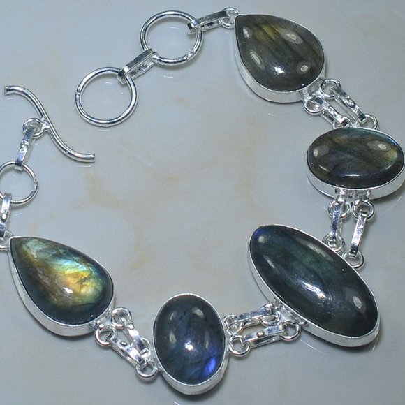 FIRE LABRADORITE  Sterling Silver  Statement  BRACELET 8-8 3/4" - Picture 1 of 1